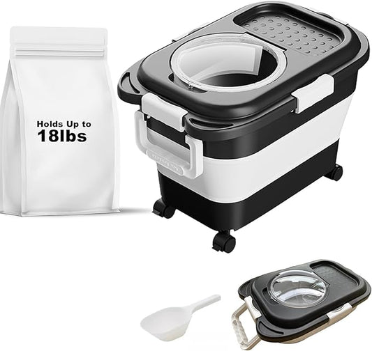 Dog Food Storage Container,Collapsible Dog Food Container with Travel Silicone Bowl and Scoop for Dog/Cat/Bird Food,Keep Dry Food Fresh,Easy to Move.(Black 18LB)