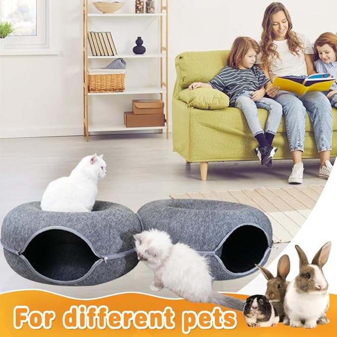 Cat Tunnel Bed, 2-in-1 Cat Donut Tunnel Bed for Indoor Cats Scratch Resistance & Washable & Detachable Round Felt Cat Cave Bed All Seasons (24 Inch, Dark Grey)