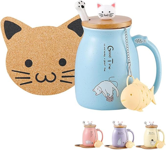 BigNoseDeer Cute Mugs Kawaii Cat Mug Ceramic Coffee Mug Tea Cup with Infuser and Lid Spoon Tea Mug Cute Cool Preppy Stuff Gifts for Women (Blue 13oz)