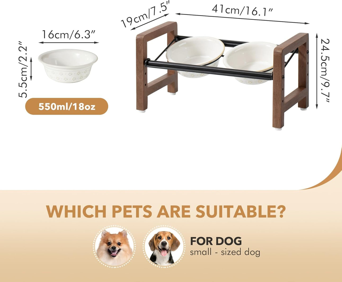 6.3inch Ceramic Adjustable Raised Double Bowls Set with Stand, 3 Heights Elevated, 2 Placement Options,Food and Water Bowls for Adult Cat Small and Medium Dog(Reactived Glaze -White)