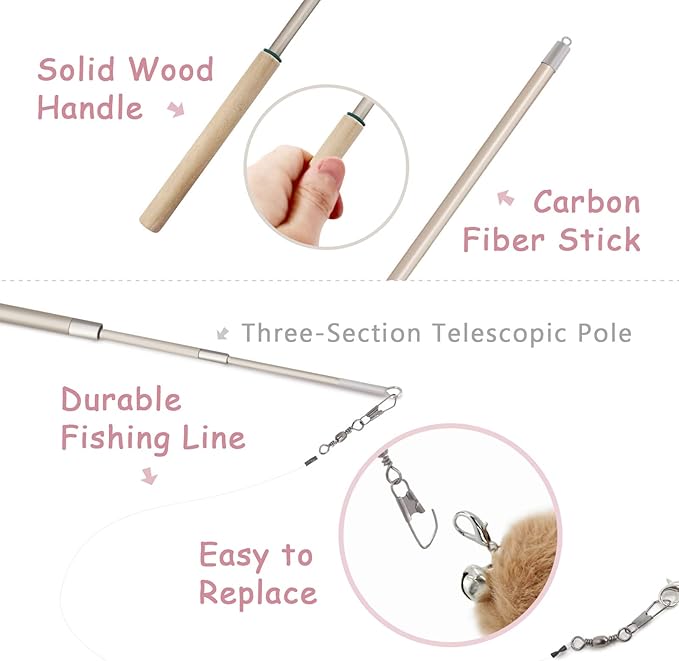 SONGWAY Cat Interactive Feather Toys - 7 PCS Cat Toys Set for Indoor Cats, Retractable Cat Wand Toy, Cat Feather Toys with Bell,Replaceable Cat Feather Tail Toy, Kitten Toy Gift, Pink