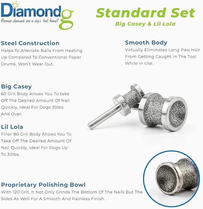 Diamondg - Professional Diamond Nail Rotary Grinder Bits Dogs - Painless Nail Trimmer Bits Won't Pull Hair or Get Hot - Pack of 2 - (1 Large, 1 Small)