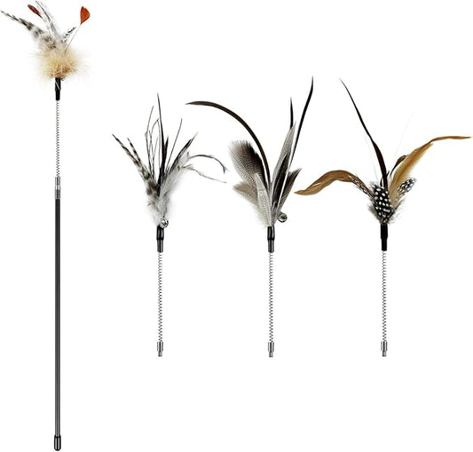 Cat Wand Toys, Flexible Spring and 4PCS Cat Feather Toys Cat Teaser Toy Refills, Interactive Cat Toy Wand Kitten Toys for Indoor Cats and Kitten to Play Chase Exercise…