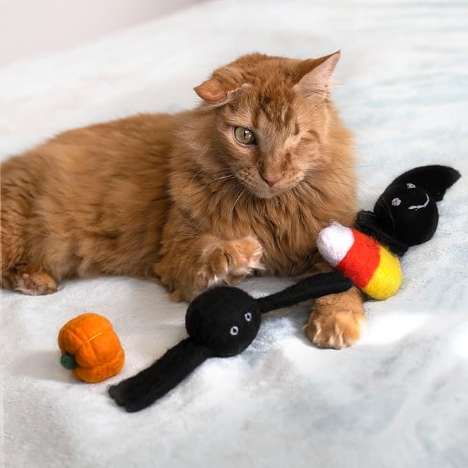Midlee Halloween Felt Cat Toys Set- Bat, Pumpkin, Spider, Candy Corn