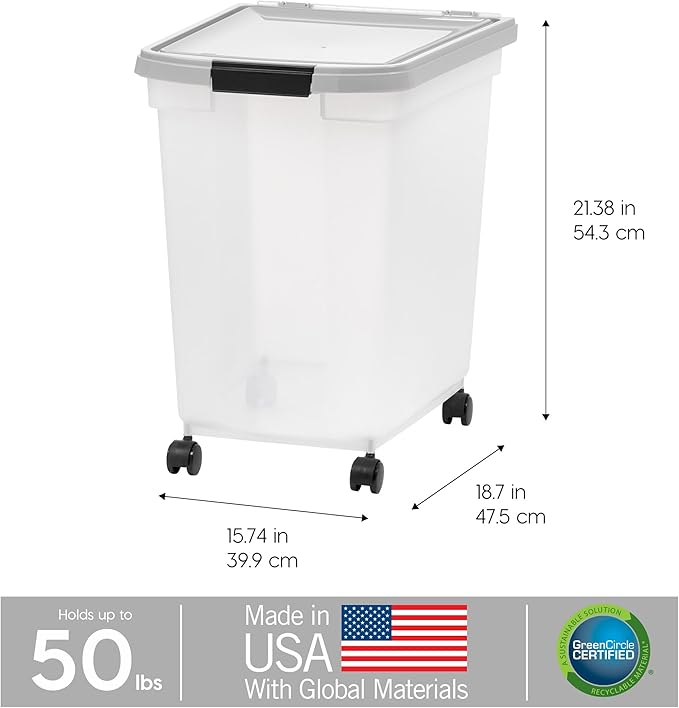 IRIS USA 50 Lbs WeatherPro Airtight Pet Food Storage Container with Removable Casters, for Dog Cat Bird and Other Pet Food Storage Bin, Keep Fresh, Clear/Gray
