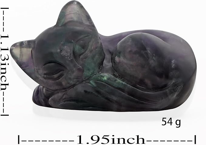 2" Sleeping Cat Statue Rainbow Fluorite Healing Crystals Hand Carved Cute Kitten Figurine, Worry Stone for Anxiety Relif Home Desk Decor Animal Figurine