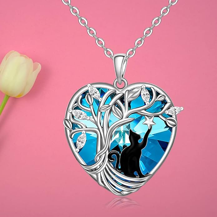 Black Cat Necklace for Women Sterling Silver Tree of Life Crystal Cat Pendant Necklace Heart Cats Jewelry Charms Friendship Memorial Valentines Christmas Gifts