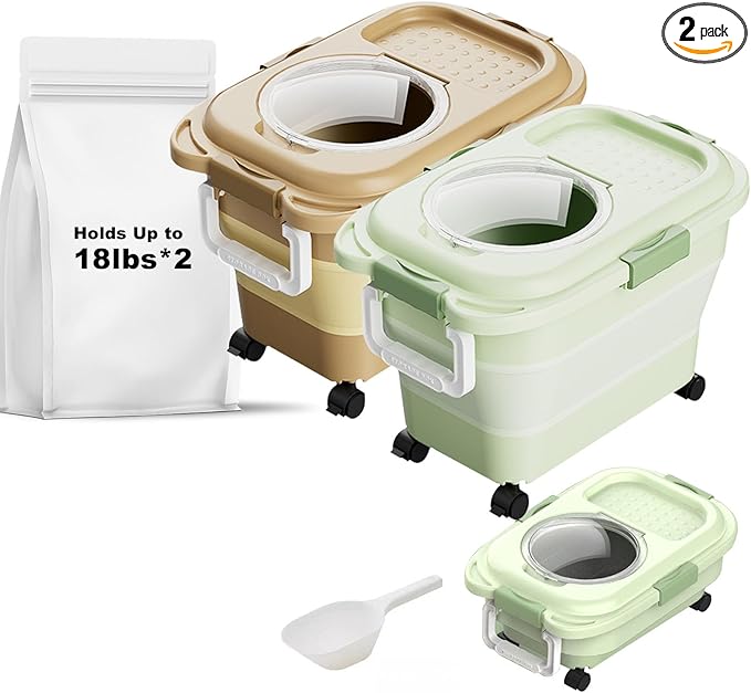 Dog Food Storage Container 2PCS*18LB,Collapsible Dog Food Container with Travel Silicone Bowl and Scoop for Dog/Cat/Bird Food/Cat litter,Keep Dry Food Fresh,Easy to Move.(Green+Brown)