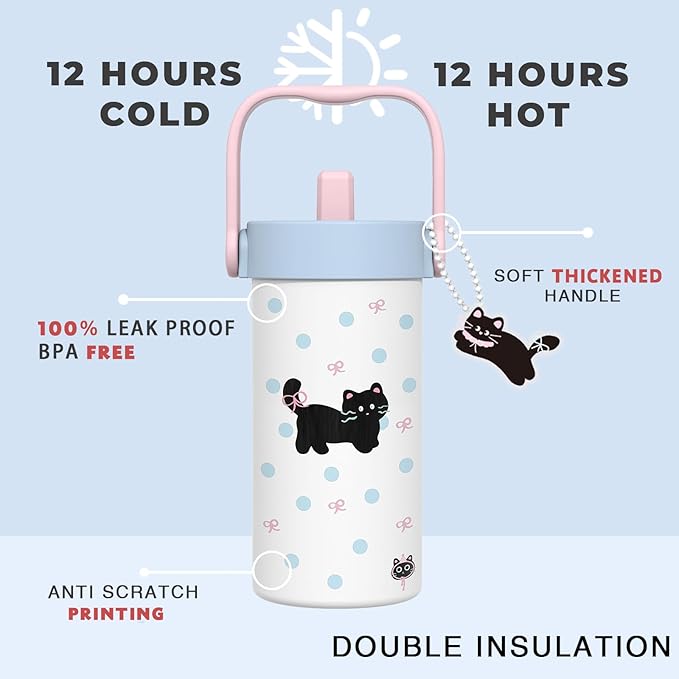 20 oz Cute Black Cat Pattern Insulated Tumbler with Straw and Lid, Stainless Steel School Travel Working Coffee Mug, Detachable Dust Cap, Built-In Filter Tea Drain, Great Gifts for Women & Girls