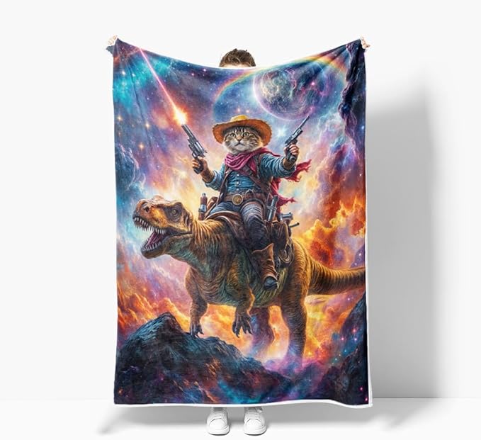 Funny Cat Dinosaur Blanket, Blue Galaxy Space Rainbow Decor Throw Blanket Cozy Plush Flannel Fleece Warm Soft Lightweight Fuzzy Blanket Funny Gifts for Boys Girls Teens Women for Bed Sofa Couch