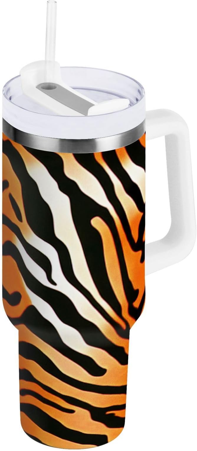 Boccsty Tiger Skin Texture Tiger Insulated Tumblers Black Orange Stripe Reusable Stainless Steel Tumbler 30 oz Cup Coffee Travel Mug Water Bottle with Handle & Flip Straw for Home Office Car