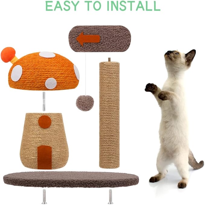 RAIN QUEEN Mushroom Cat Scratcher Post, Mushroom Cat Tree & Cat Toys, Scratching Posts for Indoor Cats with Natural Sisal Rope Cat Tower to Satisfy Cats’ Claw Instincts, for Kittens Or Smaller Catcat