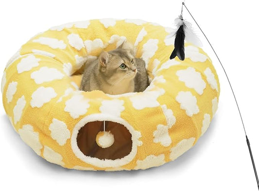 Cat Tunnel Bed for Indoor Cats,Soft Plush Peekaboo Cat Donut Tunnel with Washable Circle Cushion, Round Pet Play Tunnel Toy for Kitten Puppy Rabbit Ferret Yellow