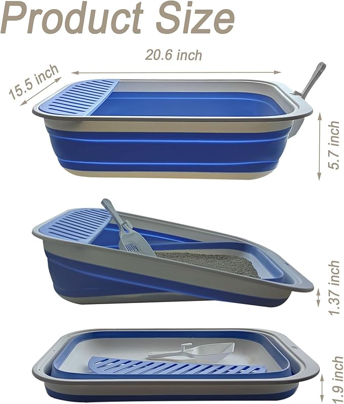 2 pcs Collapsible Kitten Litter Box,Low Entry Shallow Open Cat Potty Pan with Scoop Foldable Shallow Cat Toilet Travel Litter Box with Falling Sand Pedal for Kitty to Senior Cats 2PCS(Grey, Large)