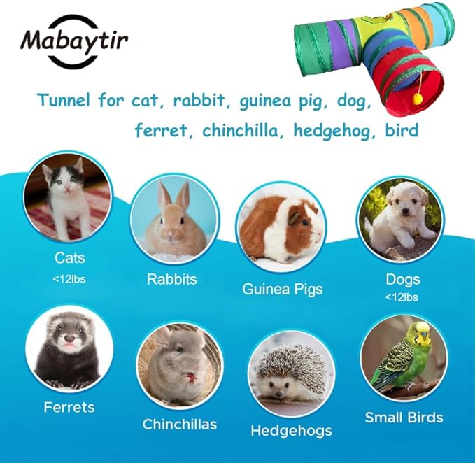 Cat Tunnel Tube Toys, Colorful Tunnels for Indoor Cats, 3 Way Collapsible Interactive Toy Maze House with Peek Holes Dangling Ball for Rabbit, Kitten, Kitty, Puppy