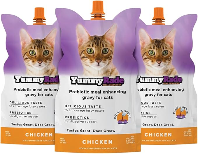 YummyRade – Pet Meal Topper for Dry Cat Food | Healthier Gravy Meal Enhancer & Tasty Low Calorie | Grain Free, Chicken Flavored | Flavor-Boosting Gravy Topper Pets Love! | 250ml x 3