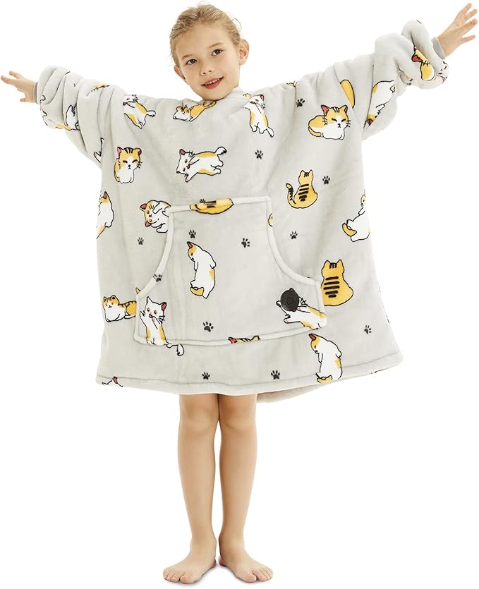 THREE POODLE Wearable Blanket Hoodie for Kids, Oversized Sherpa Sweatshirt Blanket with Giant Hood, Warm Cozy Cat Hooded Blanket, Cute Gifts for Kids Girls Boys