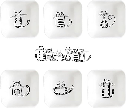 BigNoseDeer Super Cute Cat Ceramic Sauce Dish,Mini Side Seasoning Dish,Condiment Dishes,Sushi Soy Dipping Bowl,Snack Serving Dishes,Meow Porcelain Small Saucer Set(Set of 6)