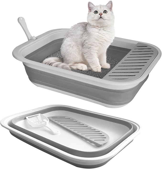 2 pcs Collapsible Kitten Litter Box,Low Entry Shallow Open Cat Potty Pan with Scoop Foldable Shallow Cat Toilet Travel Litter Box with Falling Sand Pedal for Kitty to Senior Cats 2PCS(Grey, Large)