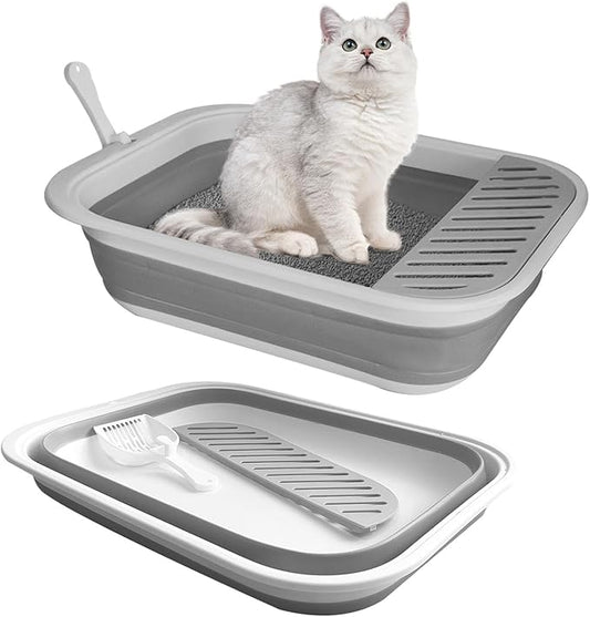 2 pcs Collapsible Kitten Litter Box,Low Entry Shallow Open Cat Potty Pan with Scoop Foldable Shallow Cat Toilet Travel Litter Box with Falling Sand Pedal for Kitty to Senior Cats 2PCS(Grey, Large)
