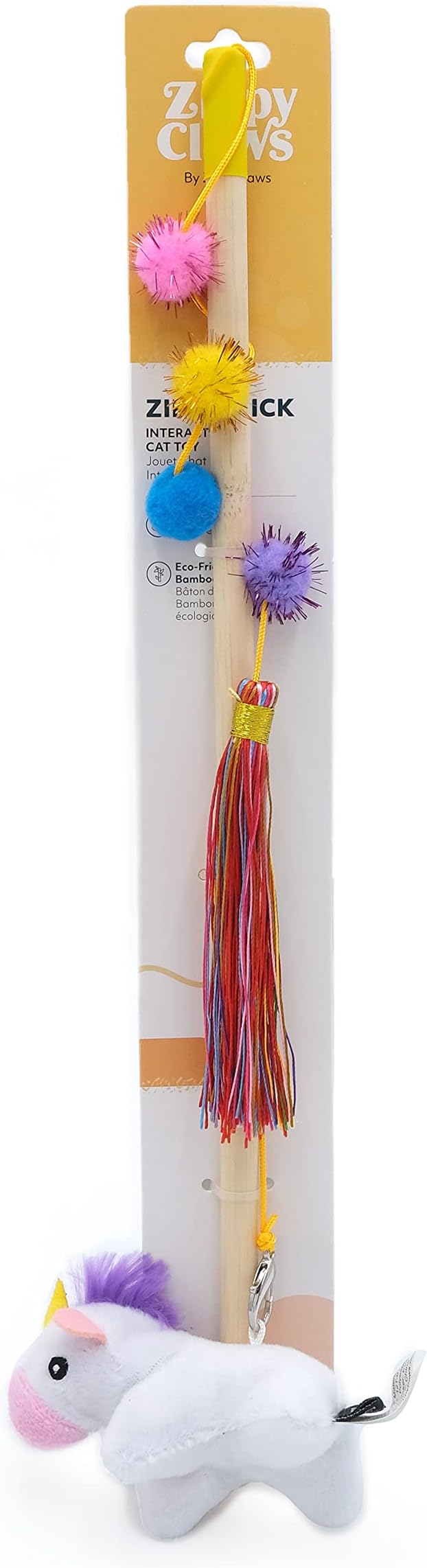ZippyClaws Unicorn ZippyStick - Interactive Cat Toy Wand for Indoor Cats & Kittens, Cute Kitty Toys for Boredom, Fun Teaser Stick with Feathered Tassles & Plush Dangling Toy