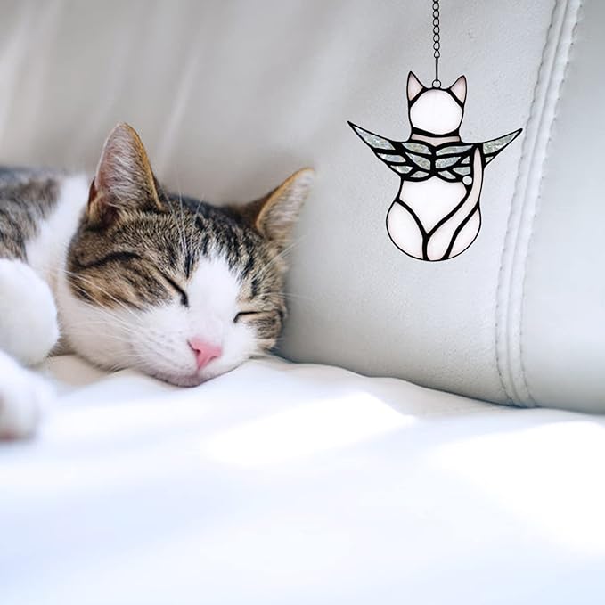BOXCASA Angel Cat Memorial Gifts Ornaments,Stained Glass Window Hanging Decorations,Angel Wings White Cat Suncatcher Decor,Cat Lovers Gifts Ornaments,Pet Memorial Sympathy Gifts Decoration