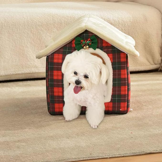 Christmas Cat Bed for Indoor Cats Plaid Christmas Cat Tent Cat Bed Cave for Pets Cats and Dogs (Pink-M(18.1 X 14.6 X 15.7 Inch))