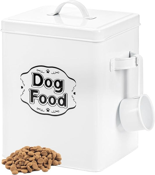 Youeon 5 Lbs- 25 Cup Metal Dog Food Storage Container with Lid and Scoop, Airtight Dog Treat Container, Farmhouse Pet Food Storage Container, Cute Dog Food Canister, Gift for Dogs and Owners, White