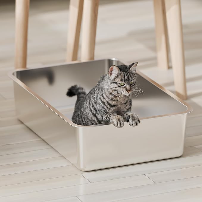 High-Sided Stainless Steel Cat Litter Box,Stainless Steel Litter Box with Lid,Extra Large Litter Box,Easy-to-Clean Metal Litter Pan for Cats (24''L X 16''W X 6''H only pan)
