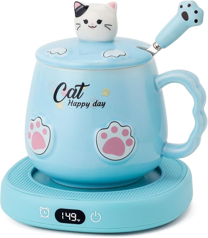 Bsigo Coffee Mug Warmer & Cute Cat Mug Set, Beverage Cup Warmer for Desk Home Office, Coffee Warmer for Cocoa Milk Tea Water, Candle Warmer with Three Temperature Up to 149℉/ 65℃, 8 Hour Auto Shut Off