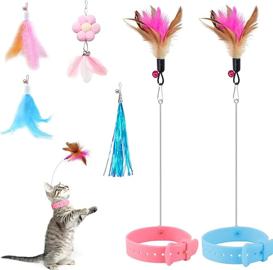 Cat Feather Collar Toys 2 Pcs Interactive Cat Toys for Indoor Cats Teasing Wand Collar Funny Cat Toy with Bell and Replaceable 4 Feathers Refills Multiple Ways for Cats to Play(Blue+Pink)