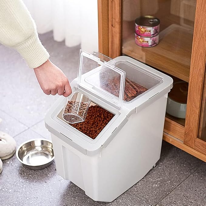 YXQ 2Pcs Dog Food Storage Container Airtight Box Grey,10kg Bulk Dry Food Grain Storage Barrels Sealed Bucket,Pets Food Bin with Seal Locking Lid, Wheels,Measuring Cup,1pcs Scoops(Random Color)