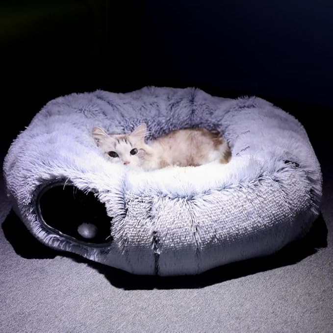 Cat Tunnel Bed for Indoor Cats, with Detachable Soft Mat, Fluffy Plush Central Cat Couch, Hanging Toy, Multifunctional Plush Cattasaurus Peekaboo Cave for Small, Medium, Large Cats, Rabbit