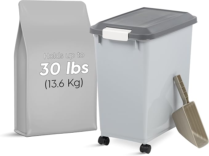IRIS USA Dog Food Storage Container with Wheels, Airtight Lid, 2-Cup Scoop, Up to 30 Pounds Pet Food Storage, Built in Scoop Storage in Lid, Versatile Pet Food Bin, Portable, BPA Free, Gray/Dark Gray
