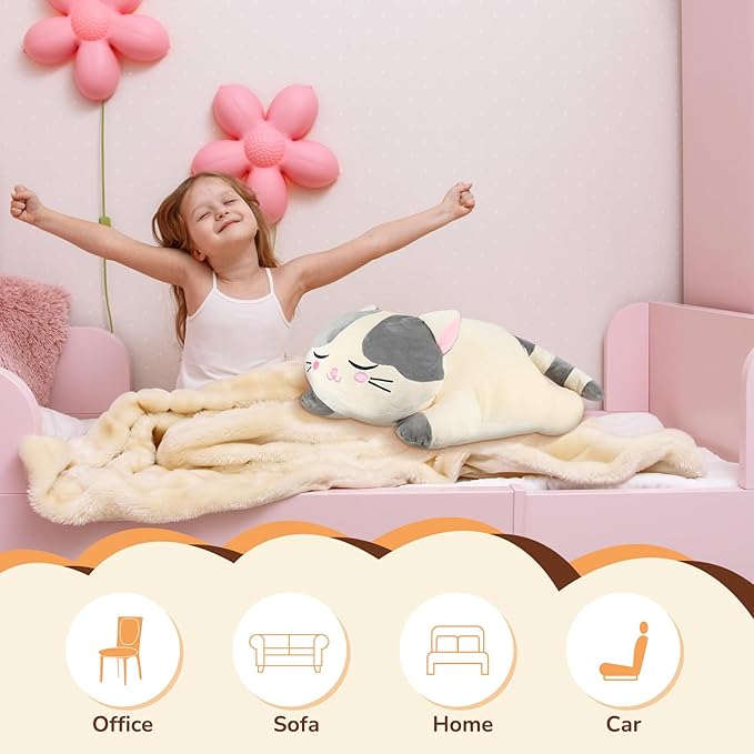 Jexine 2 Pcs 23.6'' Cat Plush Pillow, Cat Plush Hugging Pillow Large Kitty Kitten Plushies for Girls Soft Cute Stuffed Animal for Kids Christmas Birthday Gifts Cuddle, Gray and Brown