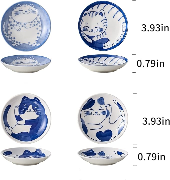 4 Pieces Japanese Sushi Sauce Small Cats Plates Set,Soy Sauce Dish,Mini Round Ceramic Cats Pattern Glazed Plate for Appetizer Plates Dessert Sushi Sauce Small Plate 3.9 x 0.7inch