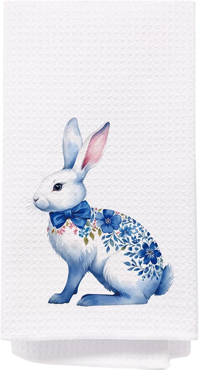 SPBL&L Easter Chinoiserie Hand Towel, Blue Floral Bunny Hand Towels for Bathroom, Easter Kitchen Bathroom Decor,Bunny Decor, 16x24 Inches