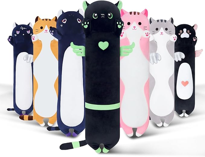 Long Cat Plush Body Pillow, Cute Cat Plush Toy Pillows with Wings, Stuffed Animals Kitten Soft Plushies Gifts for Kids Girls Girlfriend(AngelCat Green, 19.6in/50cm)