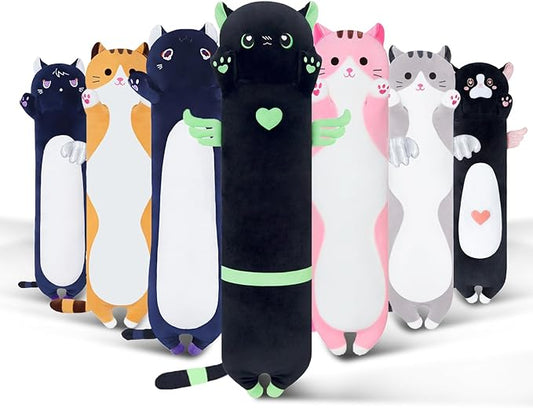 Long Cat Plush Body Pillow, Cute Cat Plush Toy Pillows with Wings, Stuffed Animals Kitten Soft Plushies Gifts for Kids Girls Girlfriend(AngelCat Green, 27.6in/70cm)