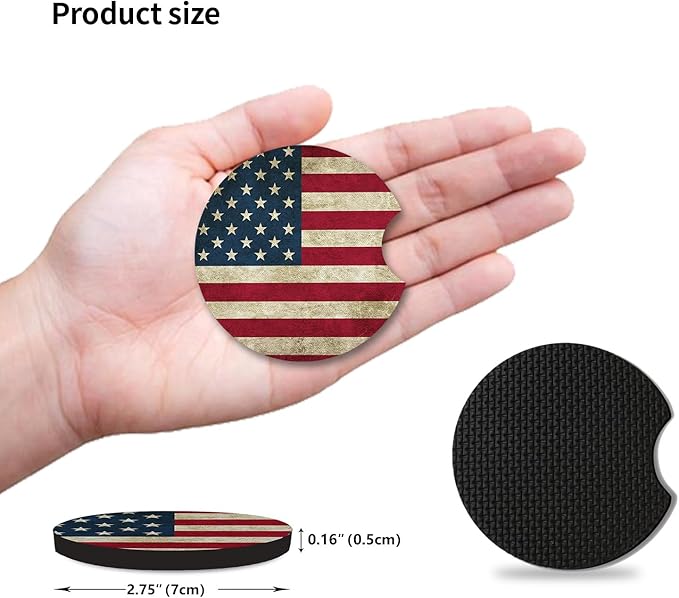 Car Coasters for Cup Holders，Car Cup Holder Coasters, 2 Pack Cup Holder Coasters for Car, Anti Slip Rubber Car Cup Mat with A Finger Notch, Cute Car Interior Accessories for Women 2.75" American Flag