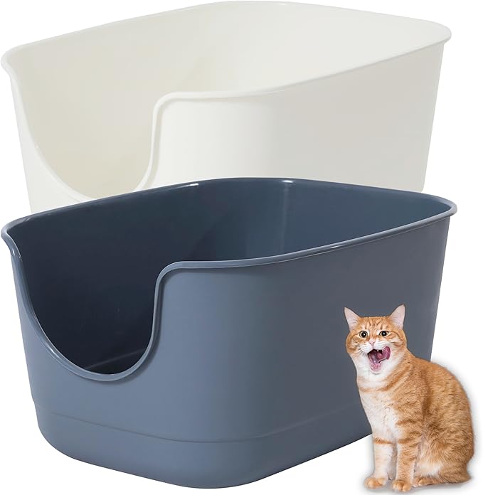 High Sides Cat Litter Box 24.6''Lx18.3''Wx12.2''H Jumbo Cat Litter Pan for Multi Cats Households, Extra Large Open Big Cat Litter Box with High Wall Anti-Splashing Kitty Litter Box(Pack of 2)