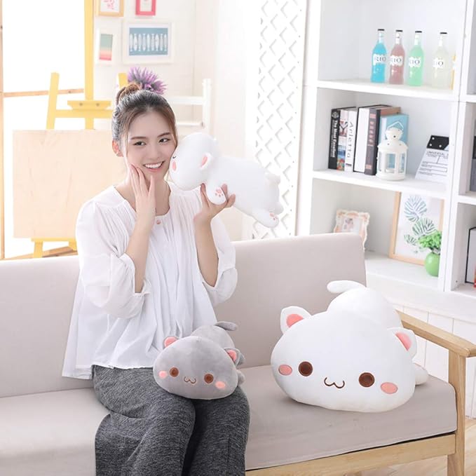 Cat Stuffed Animals, Soft Cat Plush Pillow Kawaii Kitten Stuffed Animal Toy Gifts for Kids (White Round Eyes, 13.7")