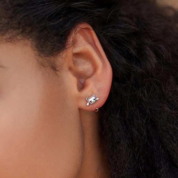 BISAER 925 Sterling Silver Half Huggie Hoop Earrings Cute Cat Dog Panda Animal Earrings for Women Jewelry Gifts