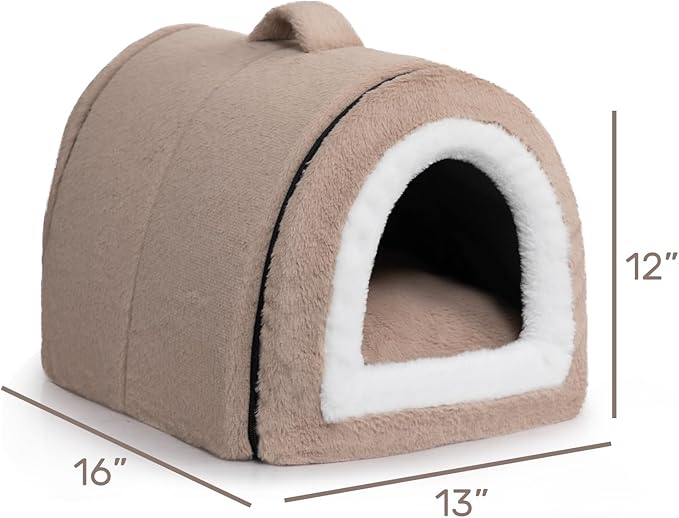 Hollypet Fluffy Cat Bed, 2 in 1 Foldable Cave House Animal Shaped Nest Pet Sleeping Bed, Light Brown