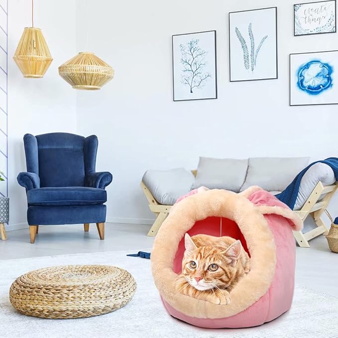 Cat Beds for Indoor Cats - Small Dog Bed with Anti-Slip Bottom, Rabbit-Shaped Cat/Small Dog Cave with Hanging Toy, Puppy Bed with Removable Cotton Pad, Super Soft Calming Pet Sofa Bed (Pink Large)