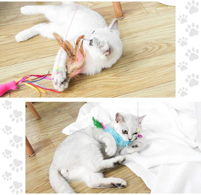 MAIYU Cat Feather Wand Toy - 3 Pack Steel Wire Feather Interactive Cat Stick Training - Beads Bells Kitten Wand Toys Pet Teaser