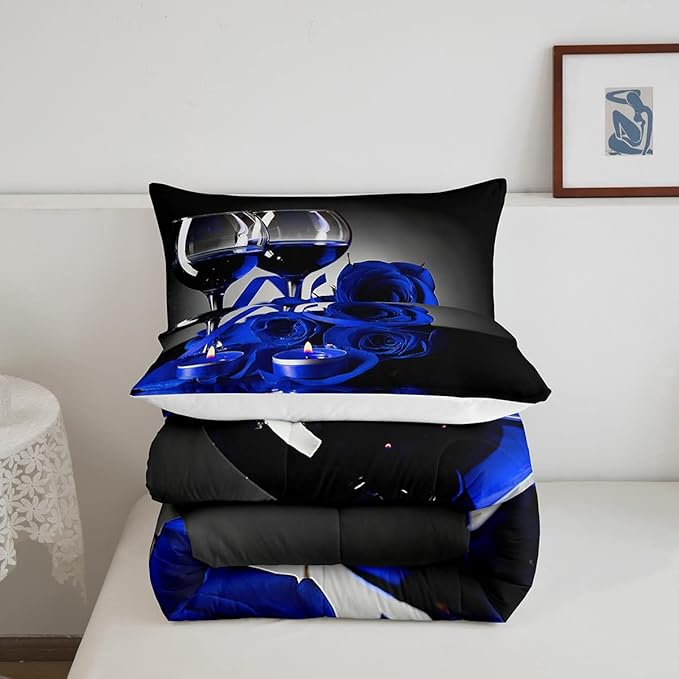 Blue Rose Comforter for Girls Boys Romantic 3D Rose Bedding Set King Wine Glass Blossom Floral Quilt Set Women Men Adult Gray Black Duvet Insert, Flower Petals Valentine's Day Bedding Comforter Sets