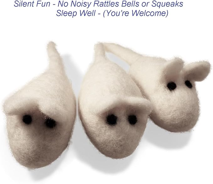 Cat Mouse Toys - 3 Felted Wool Mouse Toys Without Catnip for Indoor Cats and Kittens - Large Handmade Mice - White
