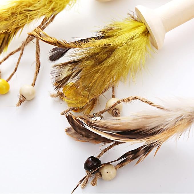 IUHKBH Cat Feather Toys, 2 PCS Wooden Roller Cat Teaser Toy Interactive Cat Toys for Chewing and Kicking