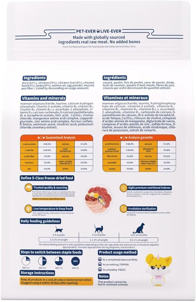 Freeze-Dried Cat Food, 97% Raw Meat 60% High Protein, Grain-Free Cat Food Topper, Health Dry Cat Food (Poultry Recipe - 14 Ounce)